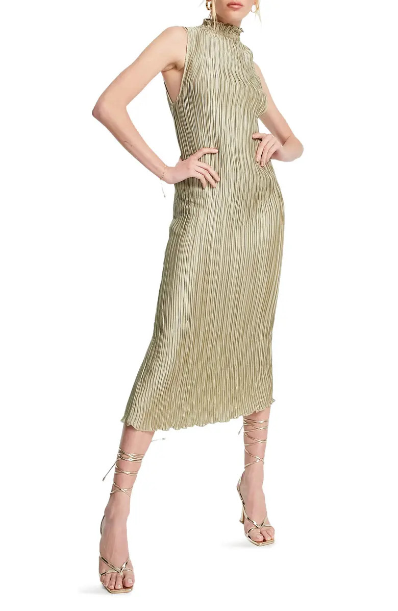 ASOS DESIGN Plissé Sleeveless Satin Midi Dress | Nordstrom | Nordstrom