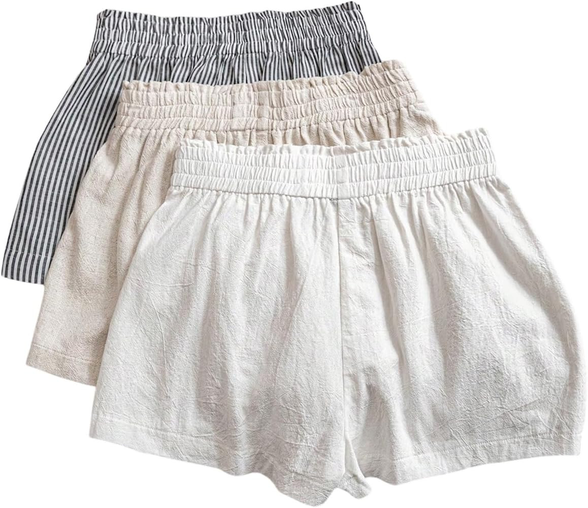 WDIRARA Women's 3 Pack Linen Shorts Elastic Waist Comfy Soft Lounge Shorts | Amazon (US)