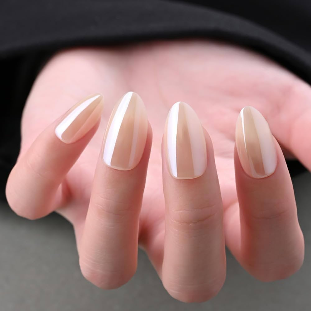 Chrome Press on Nails Short Almond, Nude Press on Nails Almond, Fashion Gel Fake Nails, Reusable ... | Amazon (US)