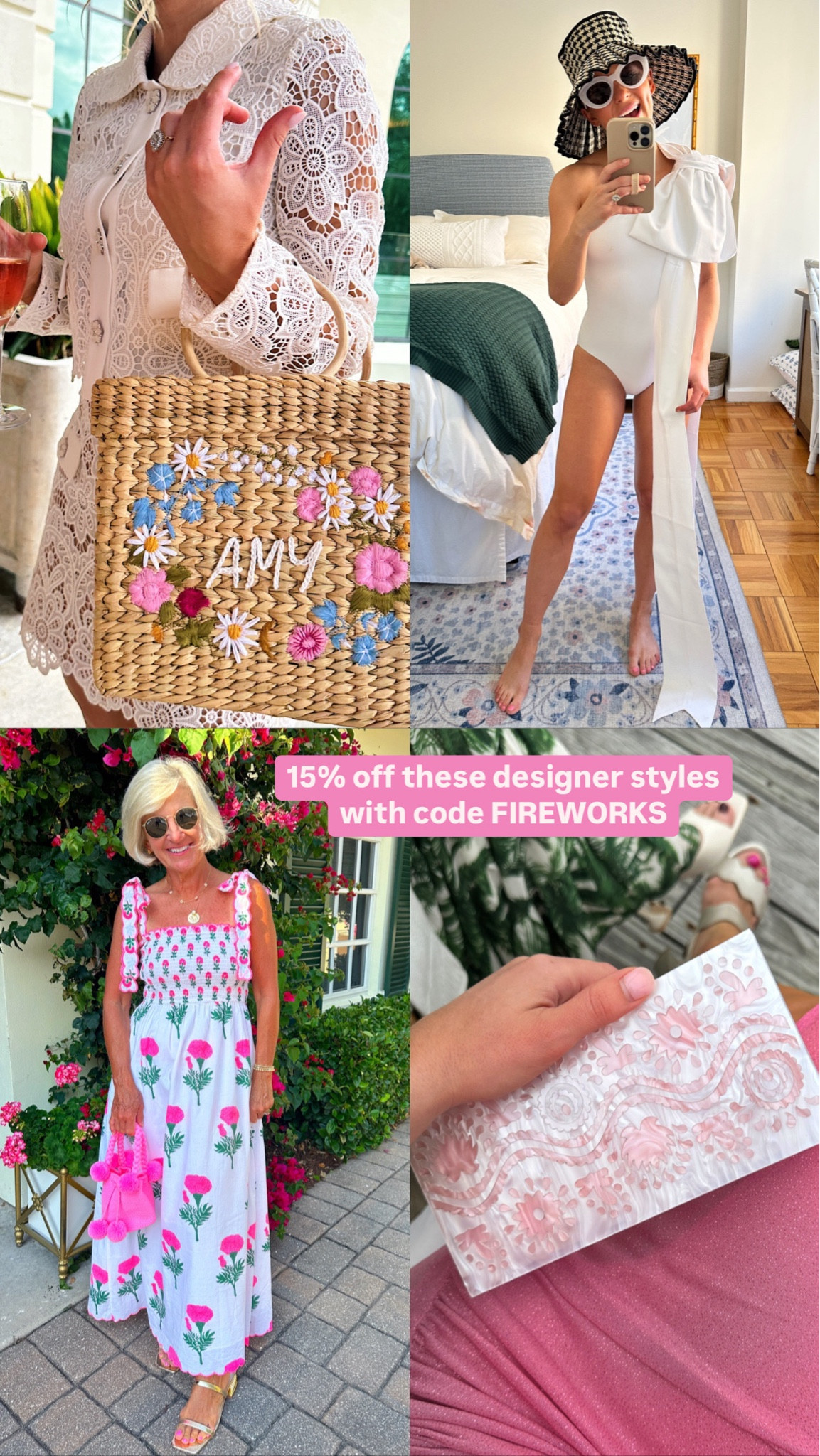 Over the Moon sale! 15% off this personalized straw bag, bow swimsuit, pink and green block print dress, & acrylic clutch with code FIREWORKS 🌸 

#LTKItBag #LTKWedding #LTKSummerSales
