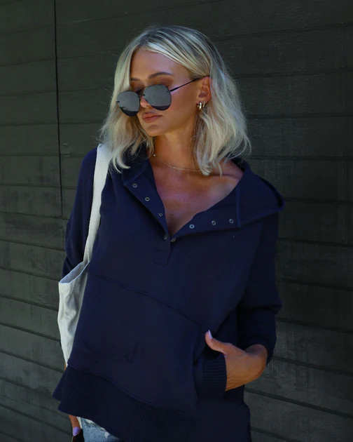 Mindful Cotton Pocketed Henley Hoodie - Navy | VICI
