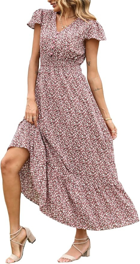 Amazon.com: PRETTYGARDEN Women's Boho Dress Short Sleeve V Neck Swiss Dot Ruffle Tiered Maxi Dres... | Amazon (US)