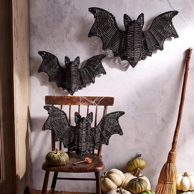 Thyle 3 Pcs Halloween Rattan Bats Decor, Black Wicker Hanging Bats for Wall | Amazon (US)