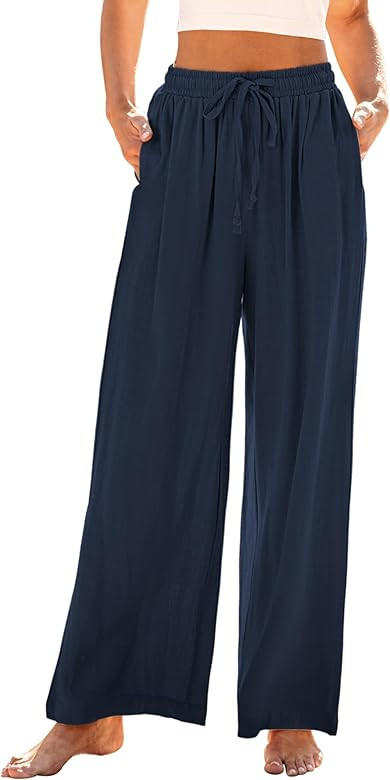 GRAPENT Wide Leg Pants Woman Linen High Waisted Pull On Flowy Casual Baggy Drawstring Palazzo Tro... | Amazon (US)