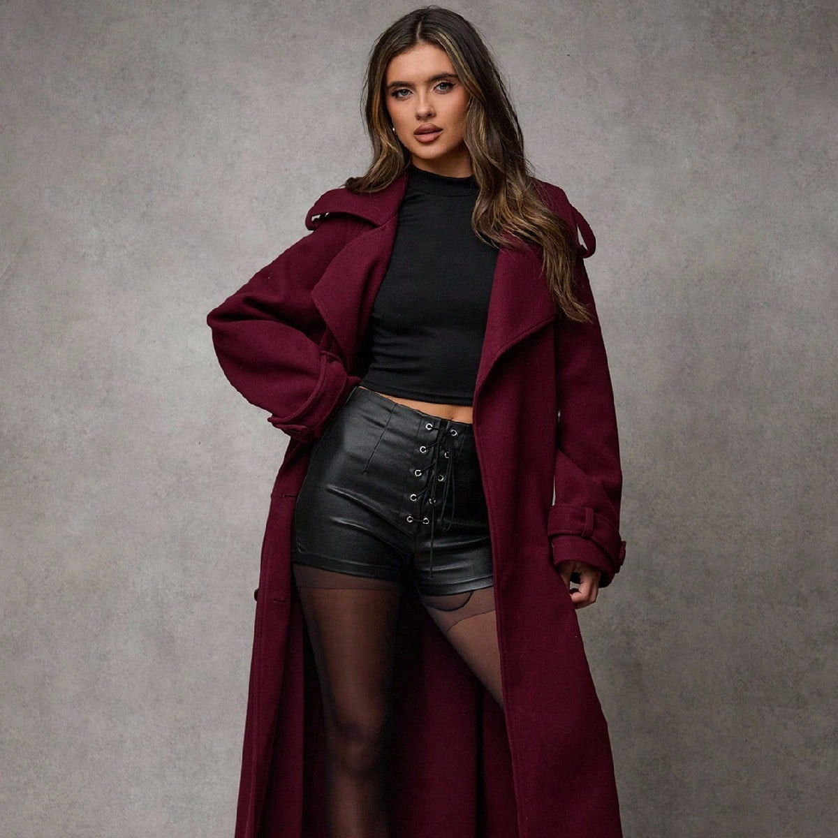 SHEIN BAE Women Burgundy Color Long Sleeve Simple Front Button Longline Jacket, Casual Everyday Wear Vintage Burgundy Long Woolen Coat, Warm And Thickened In Winter Hollowed Costumes Thanksgiving Women Outfit Women Costumes Winter Long Women Coats Women Clothes Trench Women Coat Fall Women Outfits | SHEIN