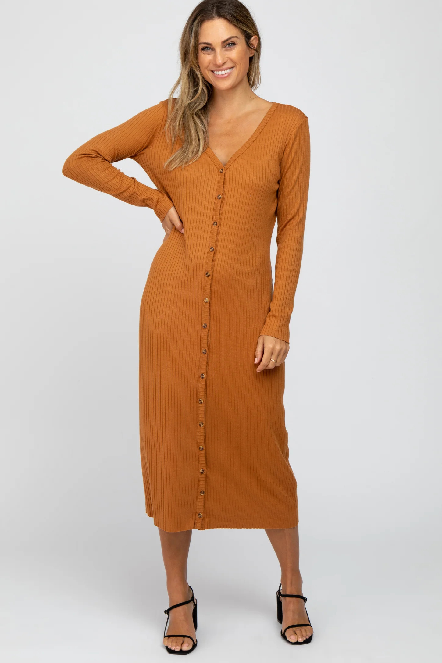 Rust Ribbed Button Front Midi Cardigan Dress | PinkBlush Maternity