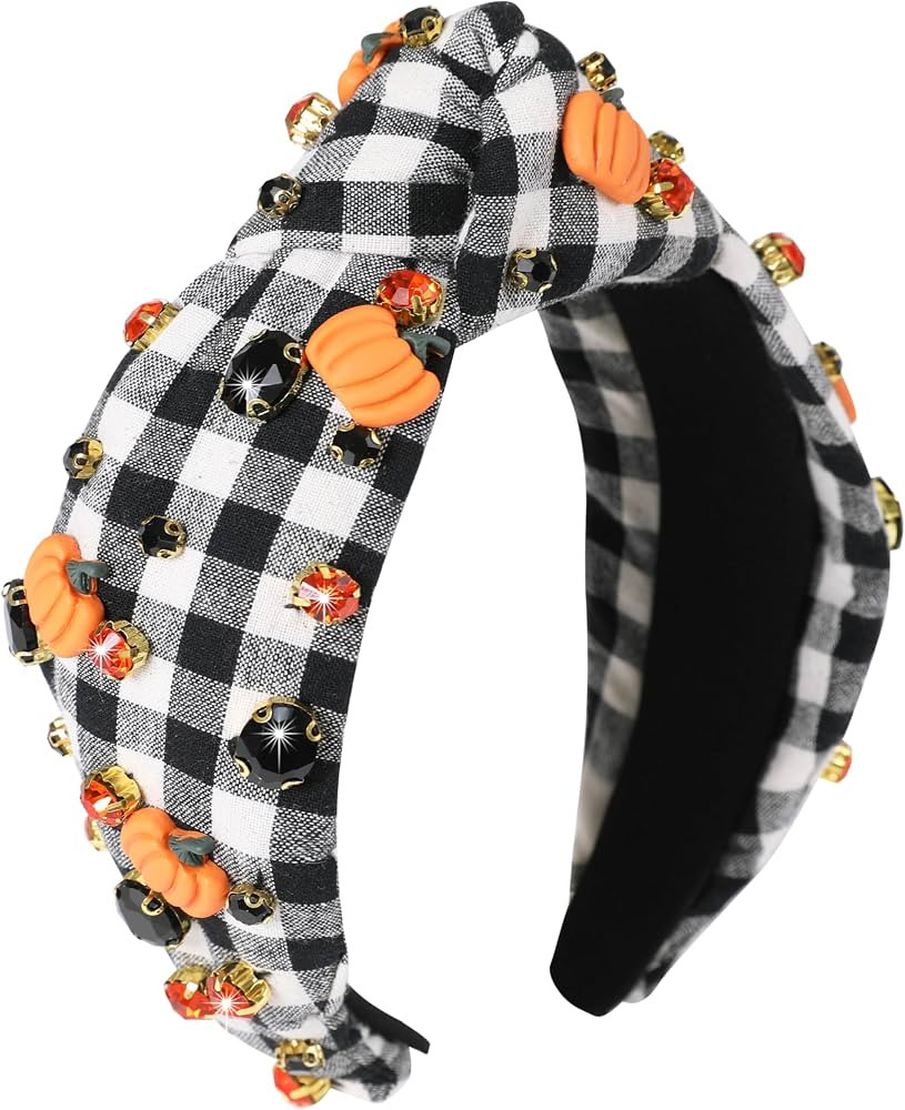 Halloween Pumpkin Headbands for Women Girls Halloween Accessories Outfits Sparkly Rhinestone Jeweled Knotted Headband Fashion Wide Twisted Black and White Plaid Hairband | Amazon (US)