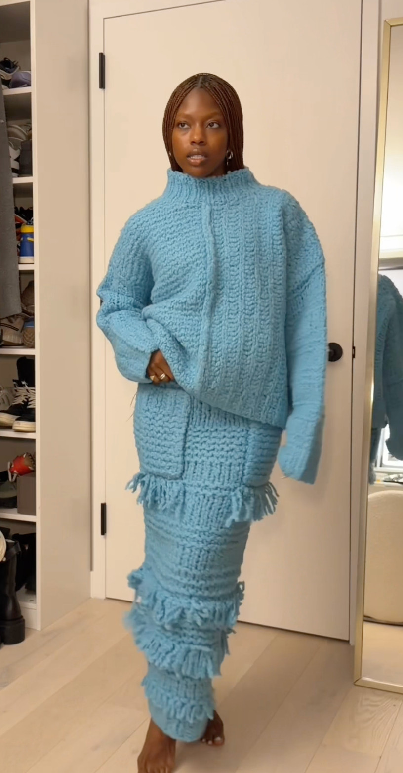 Christopher John Rogers handknit fringe sweater and skirt. Matching set dream 🩵 

 #LTKGiftGuide #LTKootd #LTKStyleTip