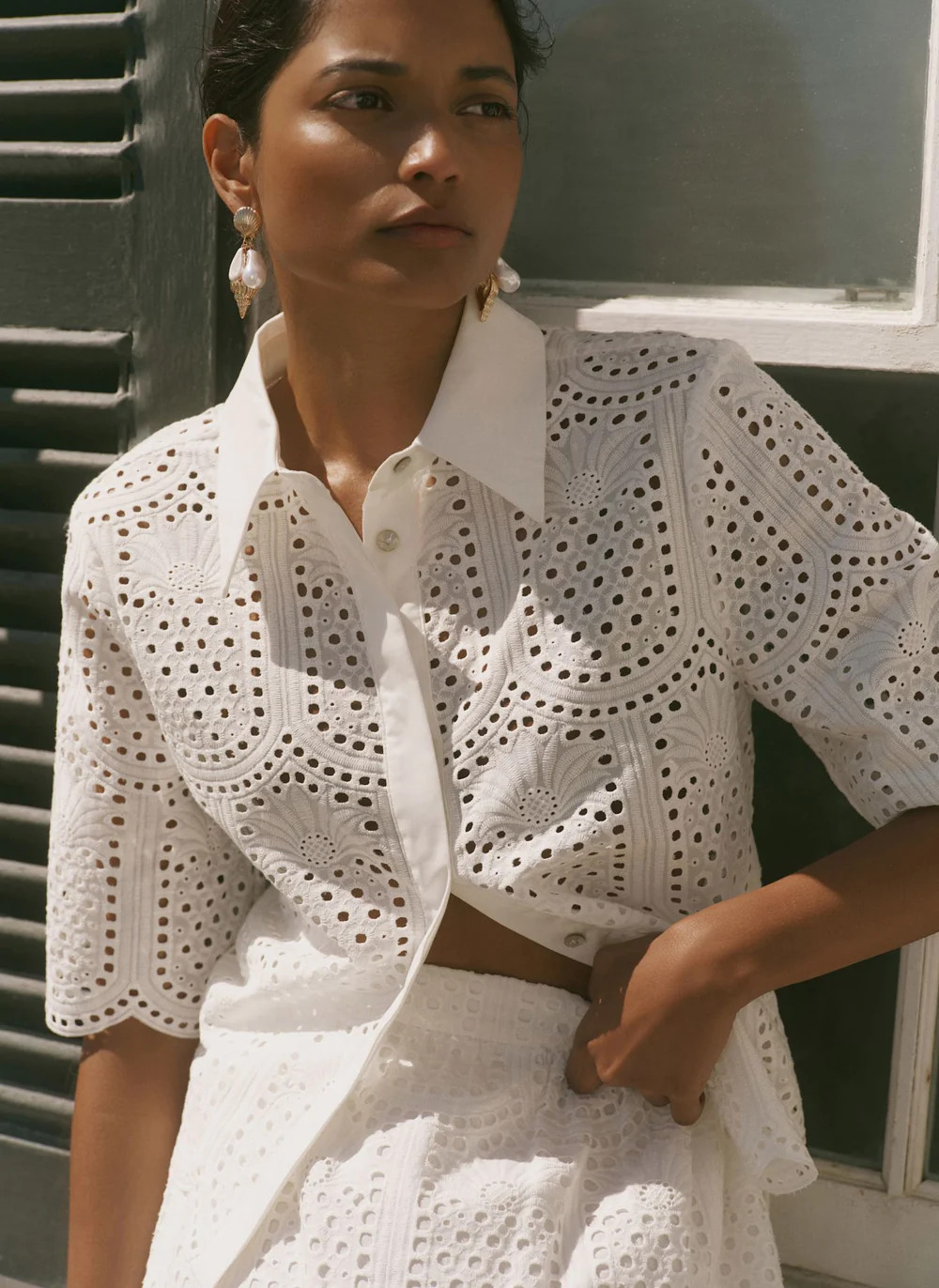 Cream Cotton Broderie Shirt | Mint Velvet