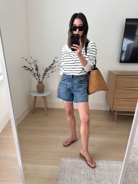 Spring Nordstrom finds. This sweater is thin. A great layer. Wearing a small but can go tts. Shorts are very comfy and cover up the booty. I sized up for more room. Lots of room in the leg area which im not sure I love. 

Caslon sweater small
AGOLDE Shorts 25
Beek sandals 5
All Saints tote 

#LTKitbag #LTKshoecrush