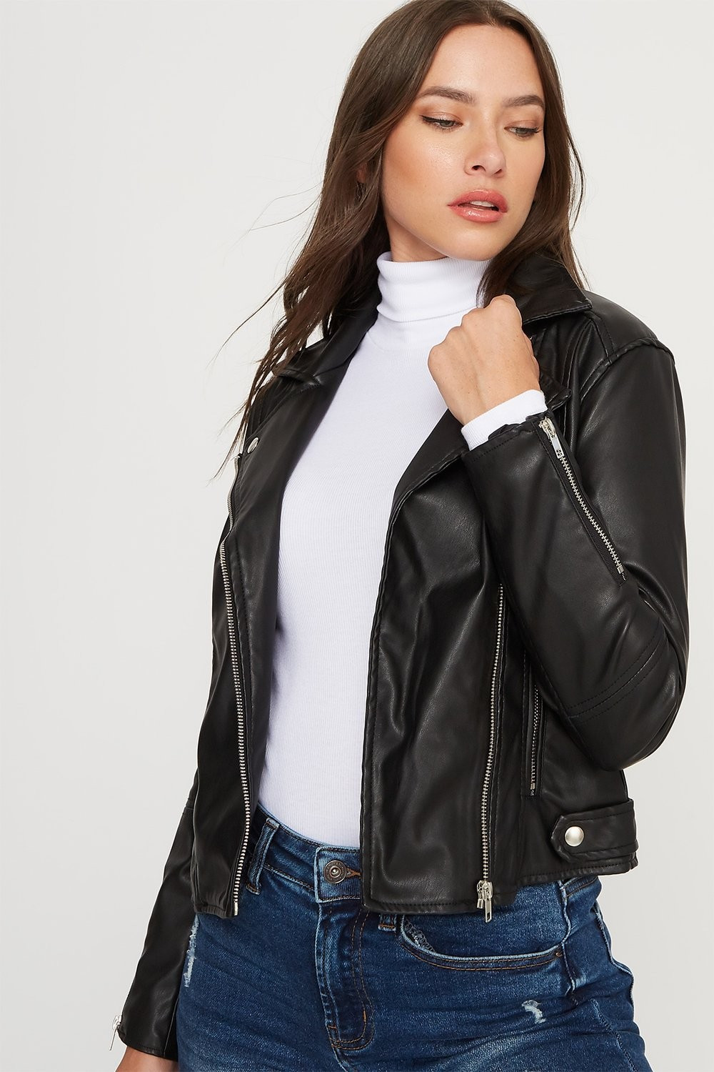 Faux-Leather Asymmetrical Zip Biker Jacket | Urban Planet