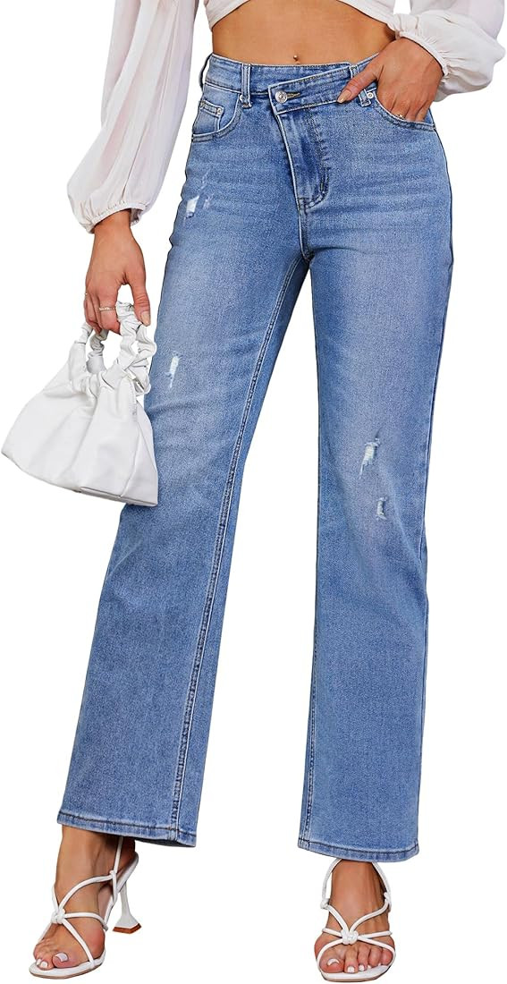 Genleck Wide Leg Jeans for Women – High Waisted Crossover Jeans Stretch Boyfriend Jeans Crisscr... | Amazon (US)