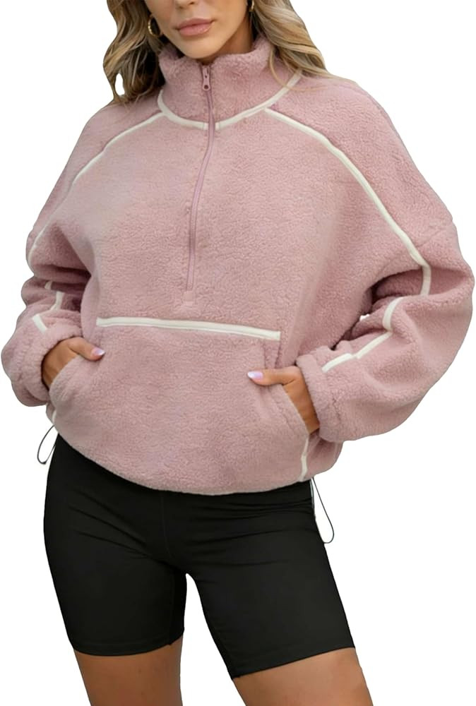 TBETNE Women's Fleece Jacket Long Sleeve Half Zip Pullover Fuzzy Sherpa Sweatshirt Contrast Outer... | Amazon (US)