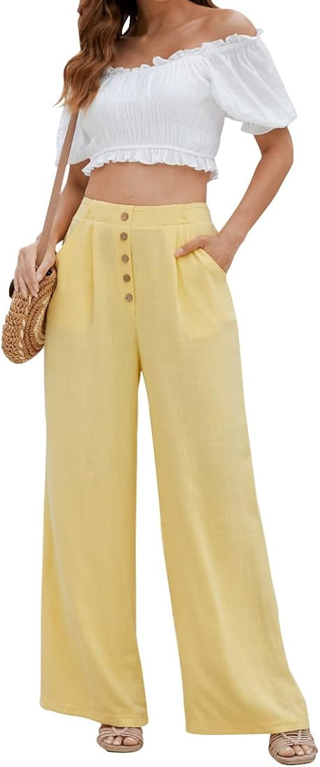 SVALIY Women Flowy Pants Cotton Linen Wide Leg Palazzo Pants Long Lounge Slacks High Waist Button... | Amazon (US)