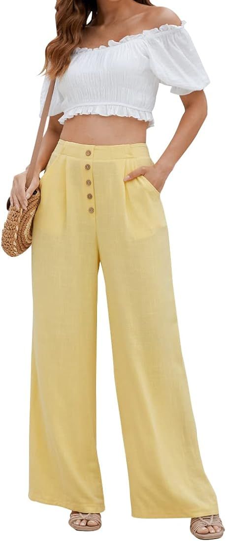 SVALIY Women Flowy Pants Cotton Linen Wide Leg Palazzo Pants Long Lounge Slacks High Waist Button... | Amazon (US)