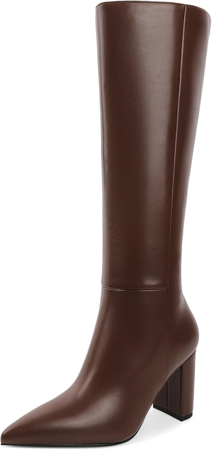 YODEKS Women Pointed Toe Knee Boots Zip up Chunky Heel Gogo Booties | Amazon (US)