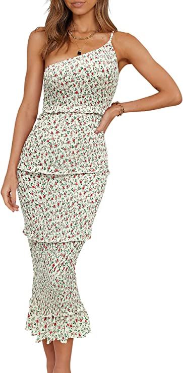 PRETTYGARDEN Women's Summer Midi Bodycon Dresses One Shoulder Strappy Tiered Ruffle Floral Boho S... | Amazon (US)