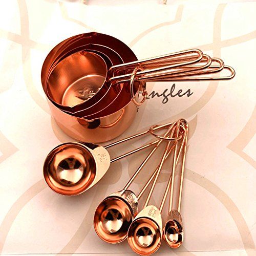 Copper Stainless Steel Measuring Cups and Spoons set of 8 Engraved Measurements, Pouring Spouts & Mi | Amazon (US)