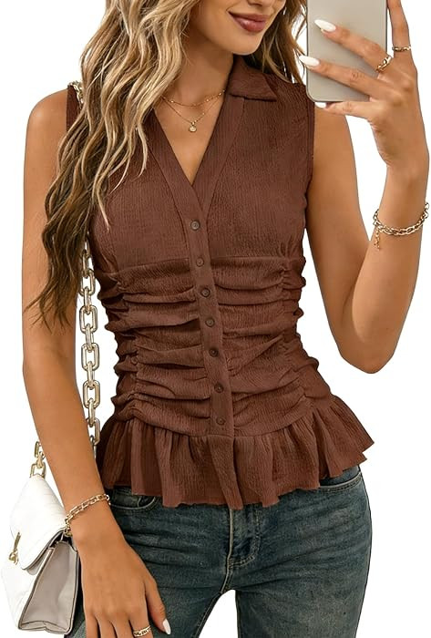 EUOW Women Button Up Ruffle Shirts Summer Sleeveless Tank Tops Casual V Neck Trendy Top Blouse | Amazon (US)