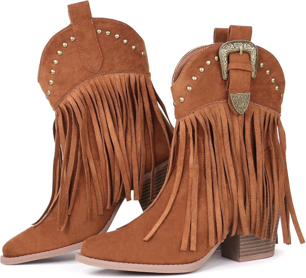 Hawkwell Women's Fringe Cowboy Cowgirl Boots Snip Toe Pull On Dress Western Ankle Booties | Amazon (US)