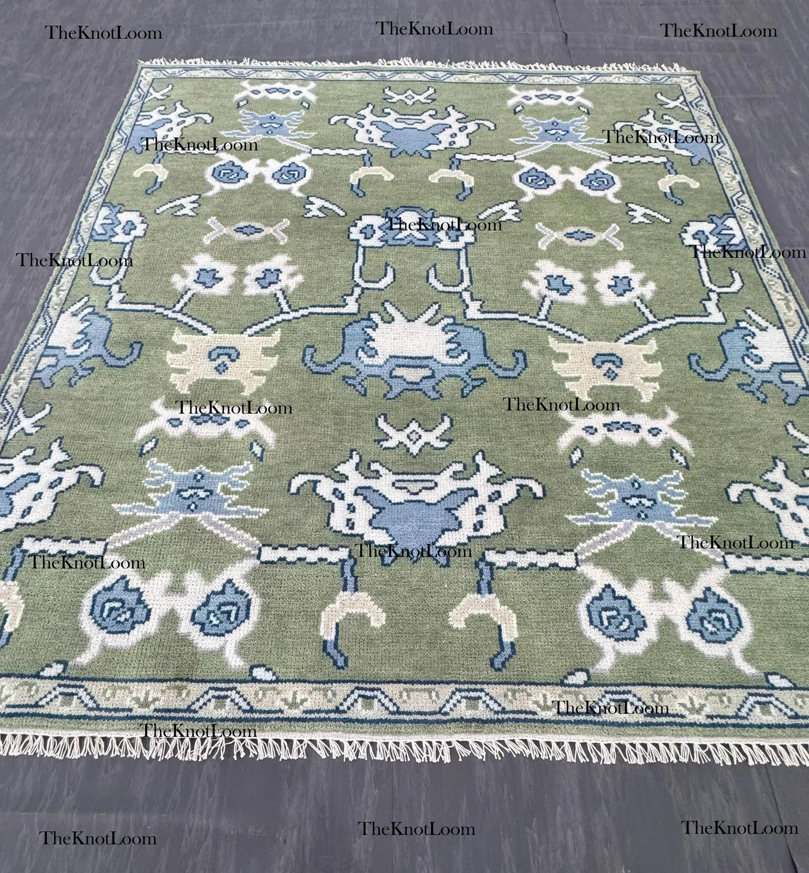Handwoven Green Oushak Wool Rug: Turkish Geometric Carpet | Etsy (Global)