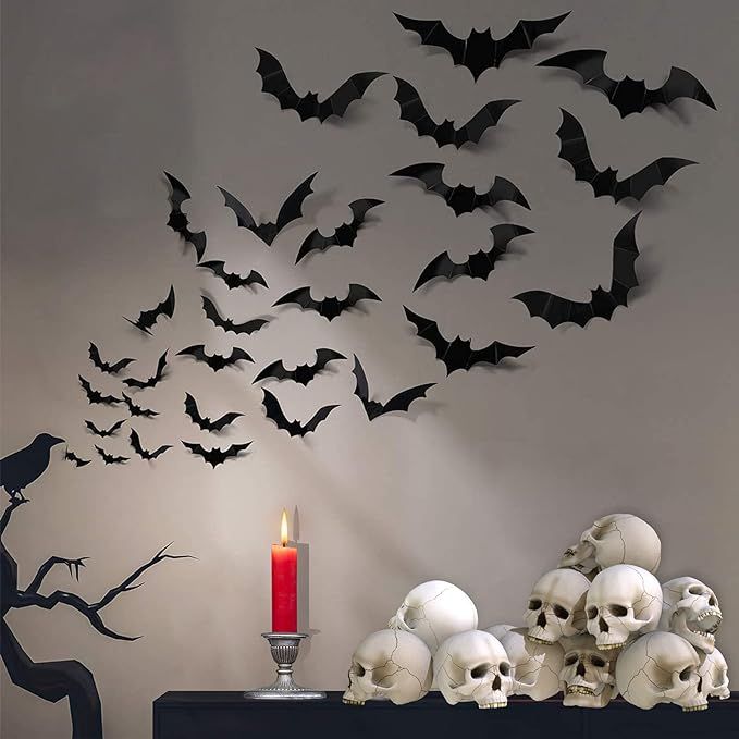 FilmHoo 88 Pcs 4 Sizes Halloween Decorations PVC 3D, Scary Bats Wall Stickers Set DIY Bat Clings ... | Amazon (US)
