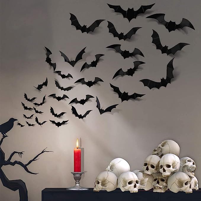 FilmHoo 72 Pcs 12 Sizes Halloween Decorations PVC 3D Bats Wall Decor for Halloween Party Supplies... | Amazon (US)