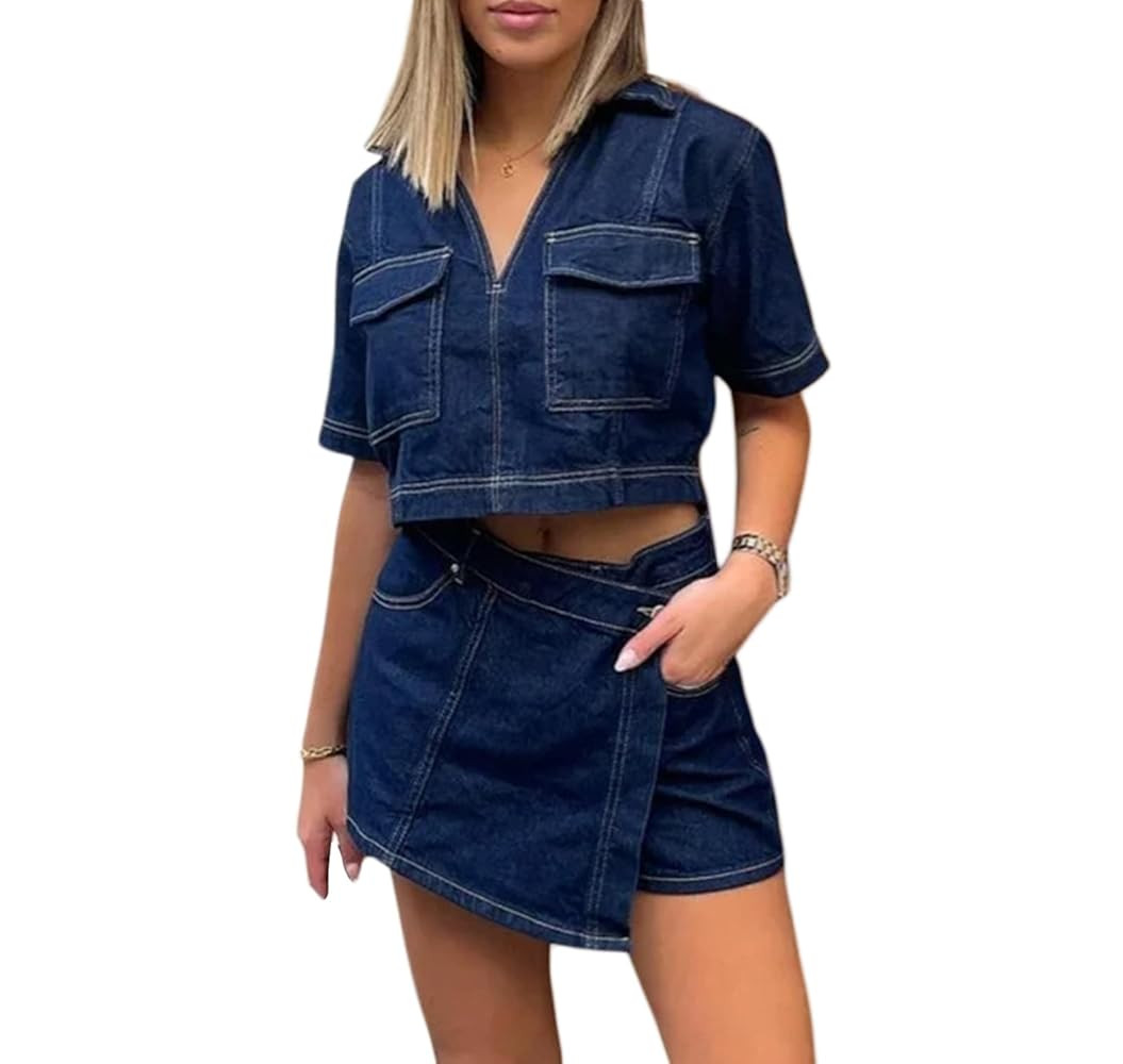 Mxiqqpltky Denim Skirt Sets Women 2 Piece Outfits Y2k Short Sleeve V Neck Crop T Shirt and High W... | Amazon (US)