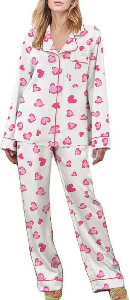 Argeousgor Women Valentine's Day Silk Satin Pajamas Set Button Down Shirt Pants Cute Heart Print ... | Amazon (US)