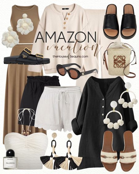 Shop these Amazon Vacation Outfit and Resortwear finds! Linen shorts, matching set, linen shirt coverup, Prada slide sandals, Loewe straw bucket bag and more! 