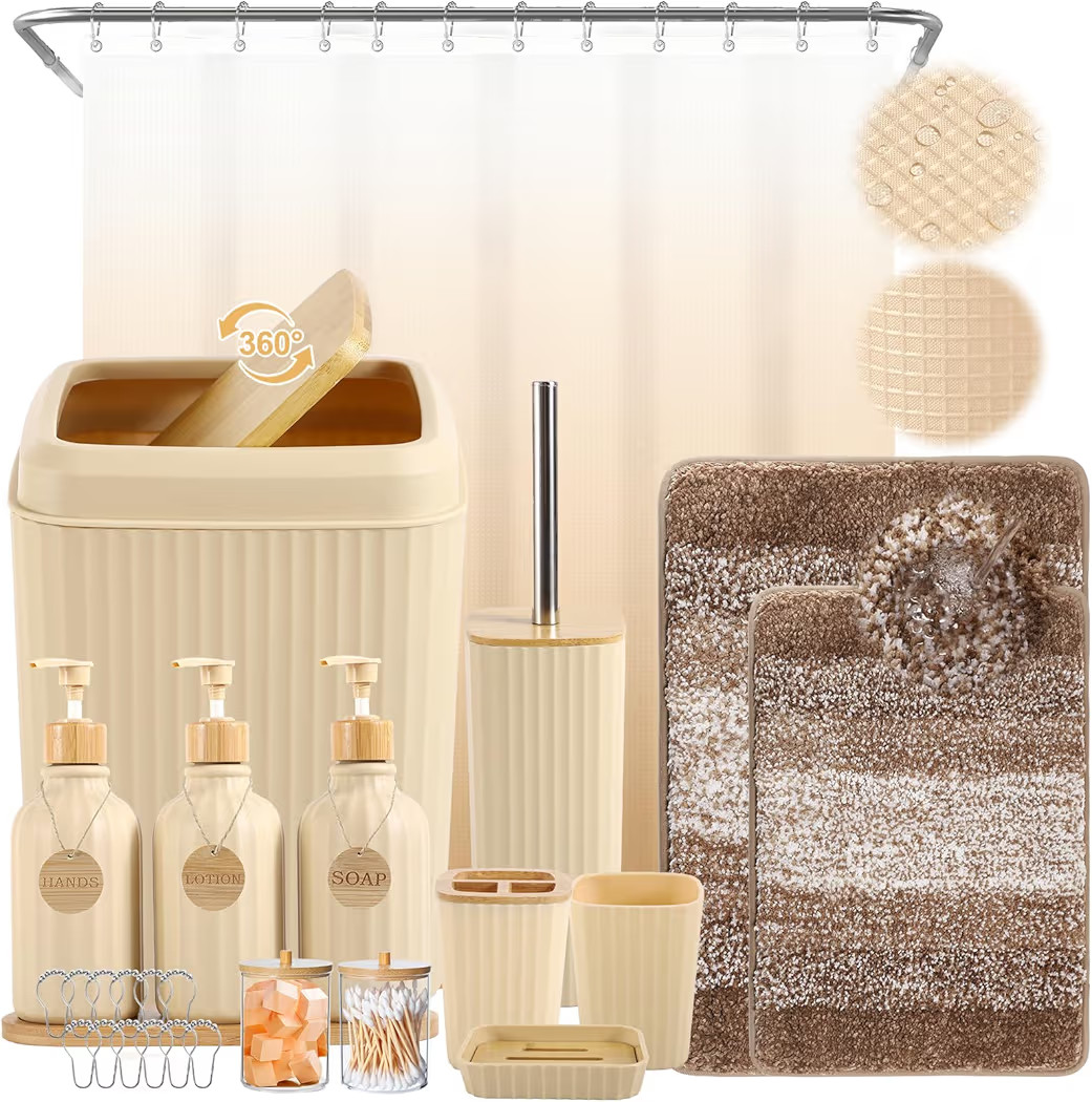 32PCS Bathroom Sets with Shower Curtain and Rugs Beige Bathroom Accessories Set Shower Curtain Se... | Amazon (US)