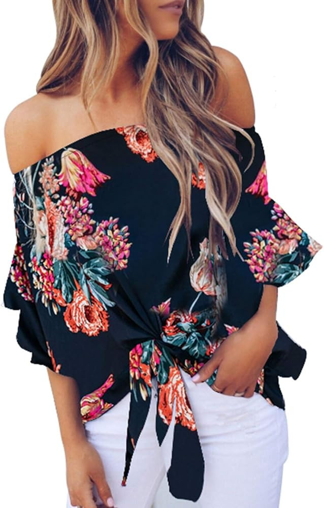 Asvivid Womens Summer Floral Printed Off The Shoulder Tops 3 4 Flare Sleeve Tie Knot T-Shirt Blouses | Amazon (US)