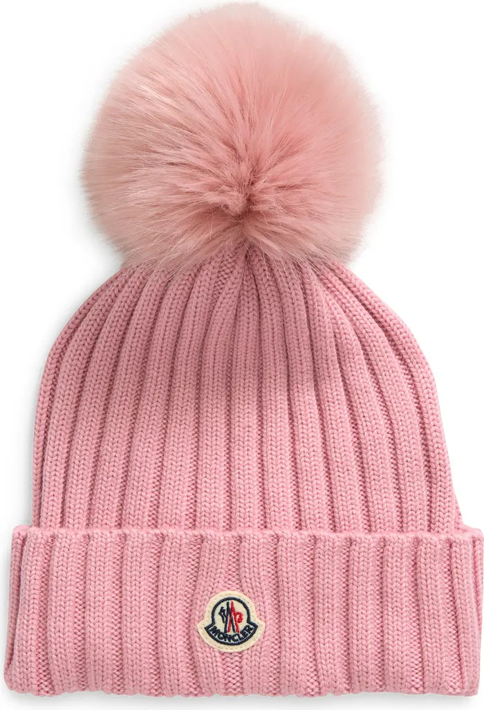 Moncler Virgin Wool Rib Beanie with Faux Fur Pompom | Nordstrom | Nordstrom