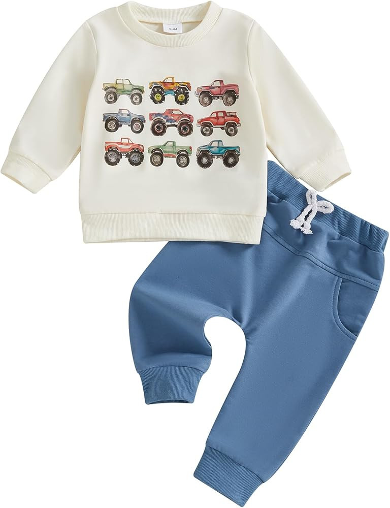 Toddler Baby Boy Fall Winter Clothes Crewneck Sweatshirt Long Sleeve Trucks Shirt and Pants Cute ... | Amazon (US)