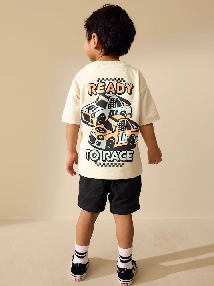 Cream Race Car Short Sleeve Back Print T-Shirt (3mths-7yrs) | Next US