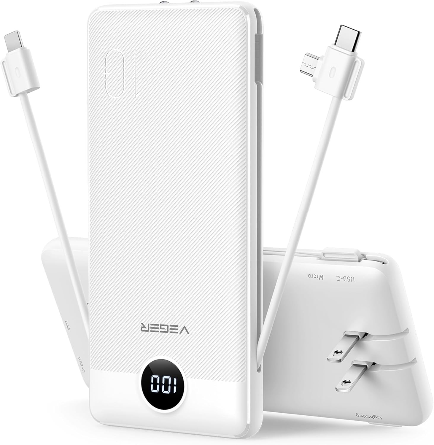 VEGER Portable Charger with Built-in AC Plug and Cables, All in One 10000mAh Ultra Slim Power Bank Travel Essentials, 15W Fast Charging Battery Pack Compatible with iPhone, Samsung, Android (White) | Amazon (US)