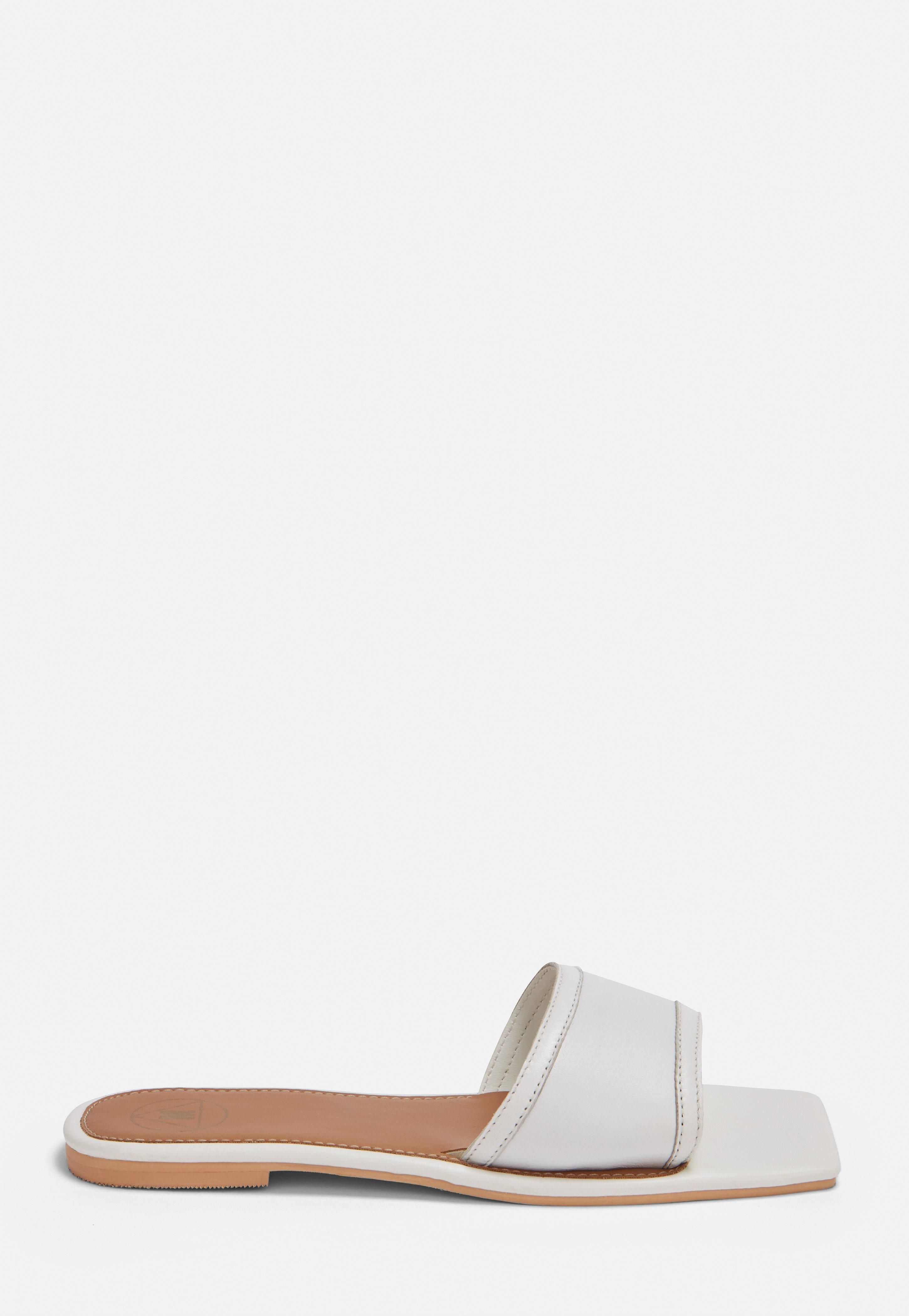 White Square Toe Leather Flat Sandals | Missguided (US & CA)