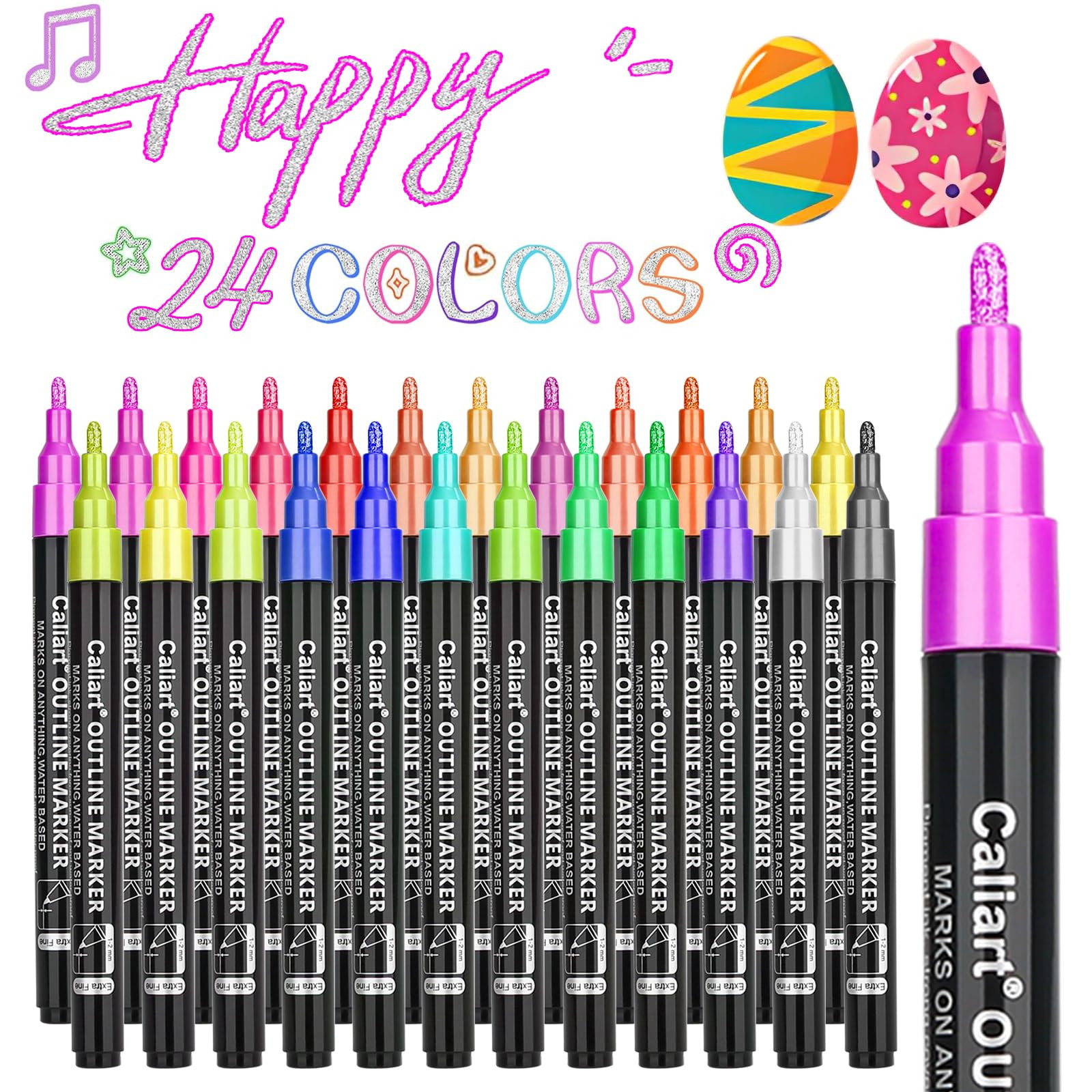 Caliart 24 Colors Outline Shimmer Markers, Glitter Metallic Marker Pens, Stocking Stuffers for Te... | Amazon (US)