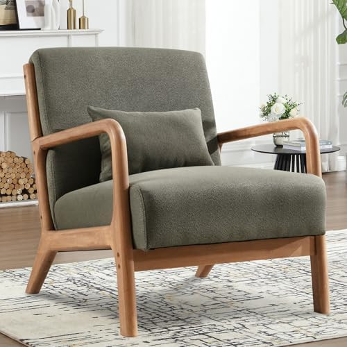 Accent Chair Mid Century Modern Chair Linen Fabric Living Room Chairs with Solid Wood Frame Comfy... | Amazon (US)