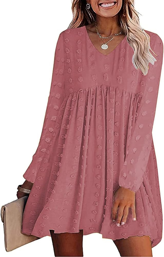 KIRUNDO Women‘s Dresses Long Sleeves Short Mini Dress V Neck Flowy Casual Swiss Dot Loose Fit Babydo | Amazon (US)