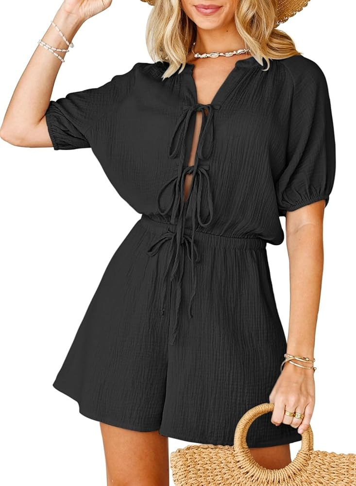Fixmatti Women Summer Romper - Self Tie V Neck Casual Jumpsuit | Amazon (US)