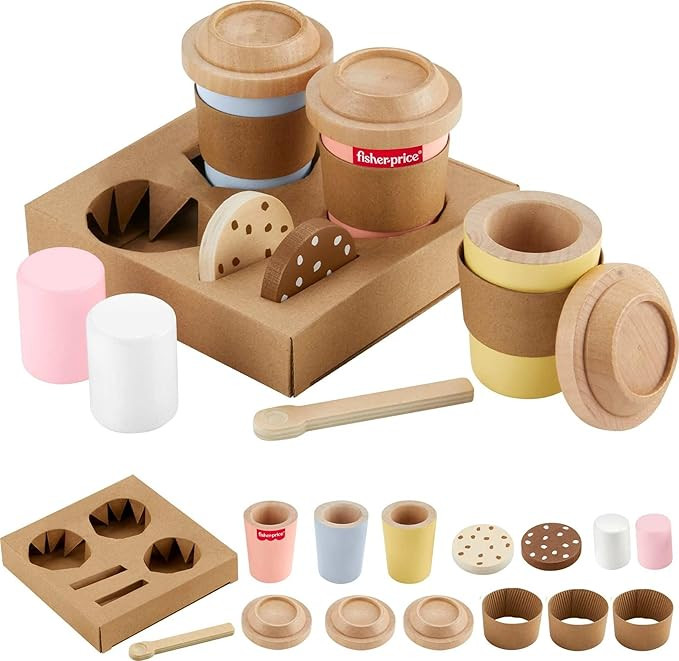 Fisher-Price Wood Pretend Play Toy Coffee to Go Café Set, 15-Piece Wooden Playset with Cups & Fo... | Amazon (US)