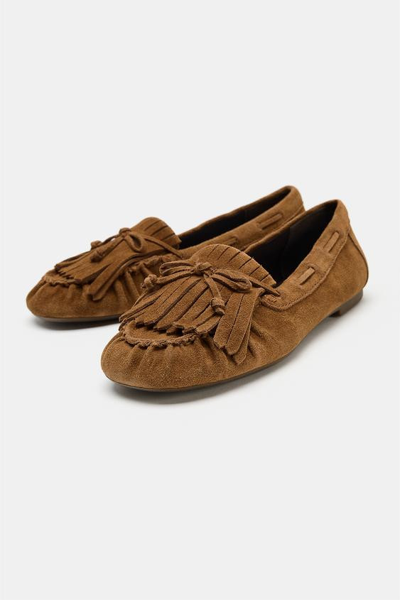 Zara - Fringed Split Suede Loafers - Dark Tan - 5 - Woman | Zara US