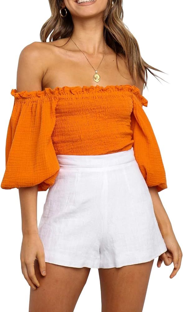 R.Vivimos Women's Summer Linen Short Sleeves Off The Shoulder Crop Tops Ruffle Slim Blouses | Amazon (US)