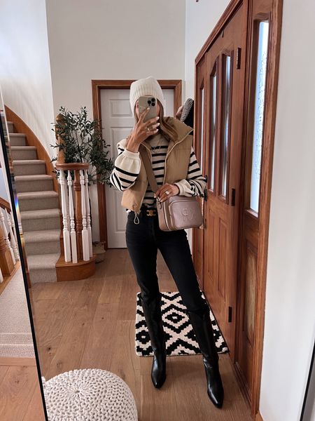 Outfit of the day
Amazon stripped sweater, small 
Amazon puffer vest, small
Agolde Riley jeans tts/25
Western style black boots
Cashmere beanie 
Monogramed handbag 

#LTKitbag #LTKSeasonal #LTKshoecrush
