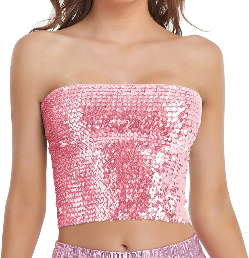 Womens Sparkly Sequin Mermaid Crop Tops, Strapless Metallic Tube Tops for Party Clubwear | Amazon (US)