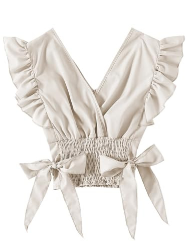 LYANER Women's V Neck Ruffle Cap Sleeve Side Bow Shirred Hem Blouse Crop Tank Top Solid Beige X-Large | Amazon (US)