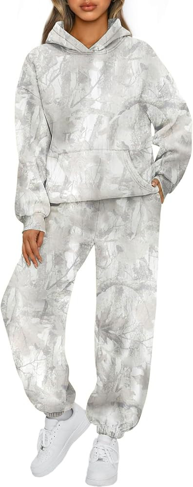 TERIVEEK Camo Sweatsuits for Women 2 Piece Outfits Maple Leaf Print Hoodie Sweat Sets Pants Camou... | Amazon (US)