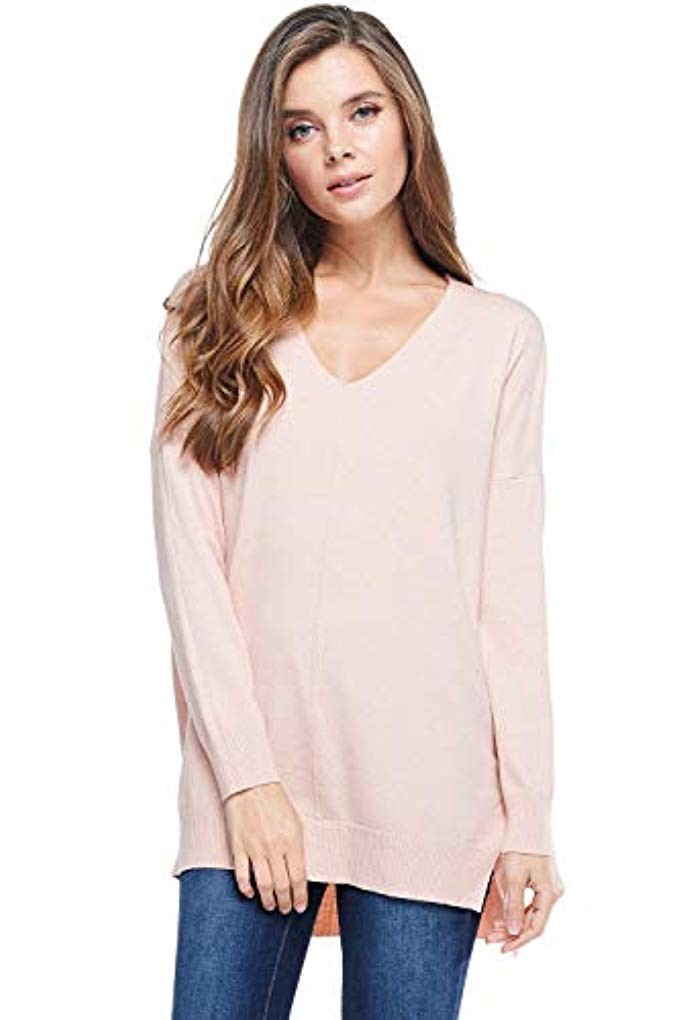 Womens Oversized V-Neck Pullover Sweater Top W/Slight Hi-Low | Amazon (US)