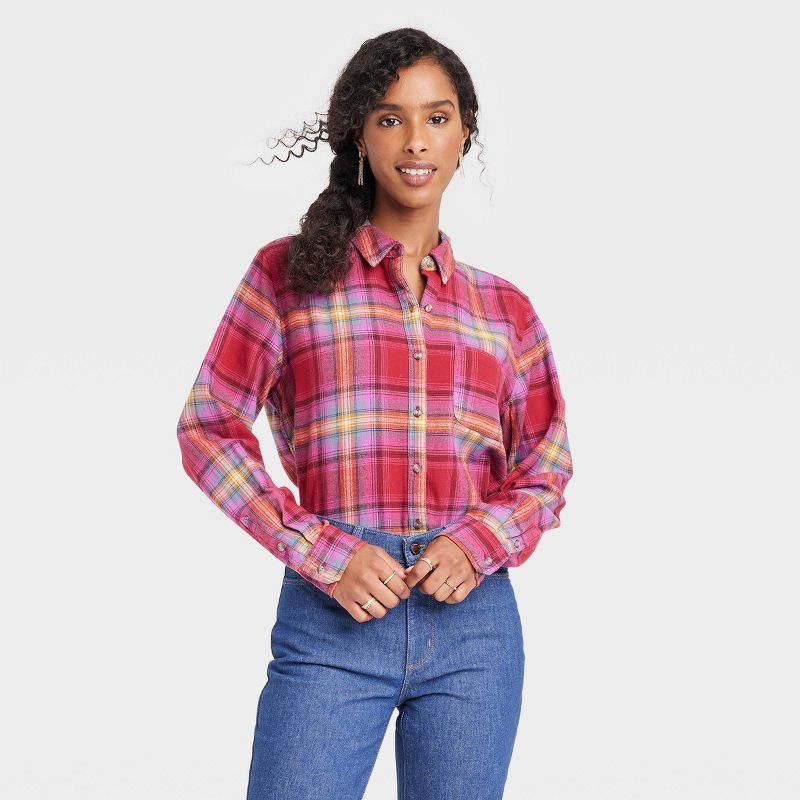 Women's Long Sleeve Relaxed Fit Button-Down Flannel Shirt - Universal Thread™ Pink Plaid | Target